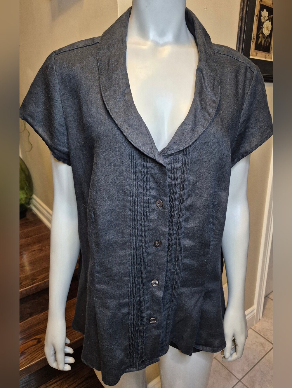 Grace Elements Black Short-Sleeve Button Front Shirt with Pintuck Detail